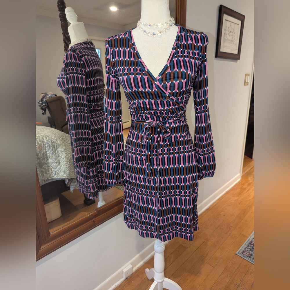 Boden Pink and Blue Geometric Wrap-Style Long Sleeve Dress